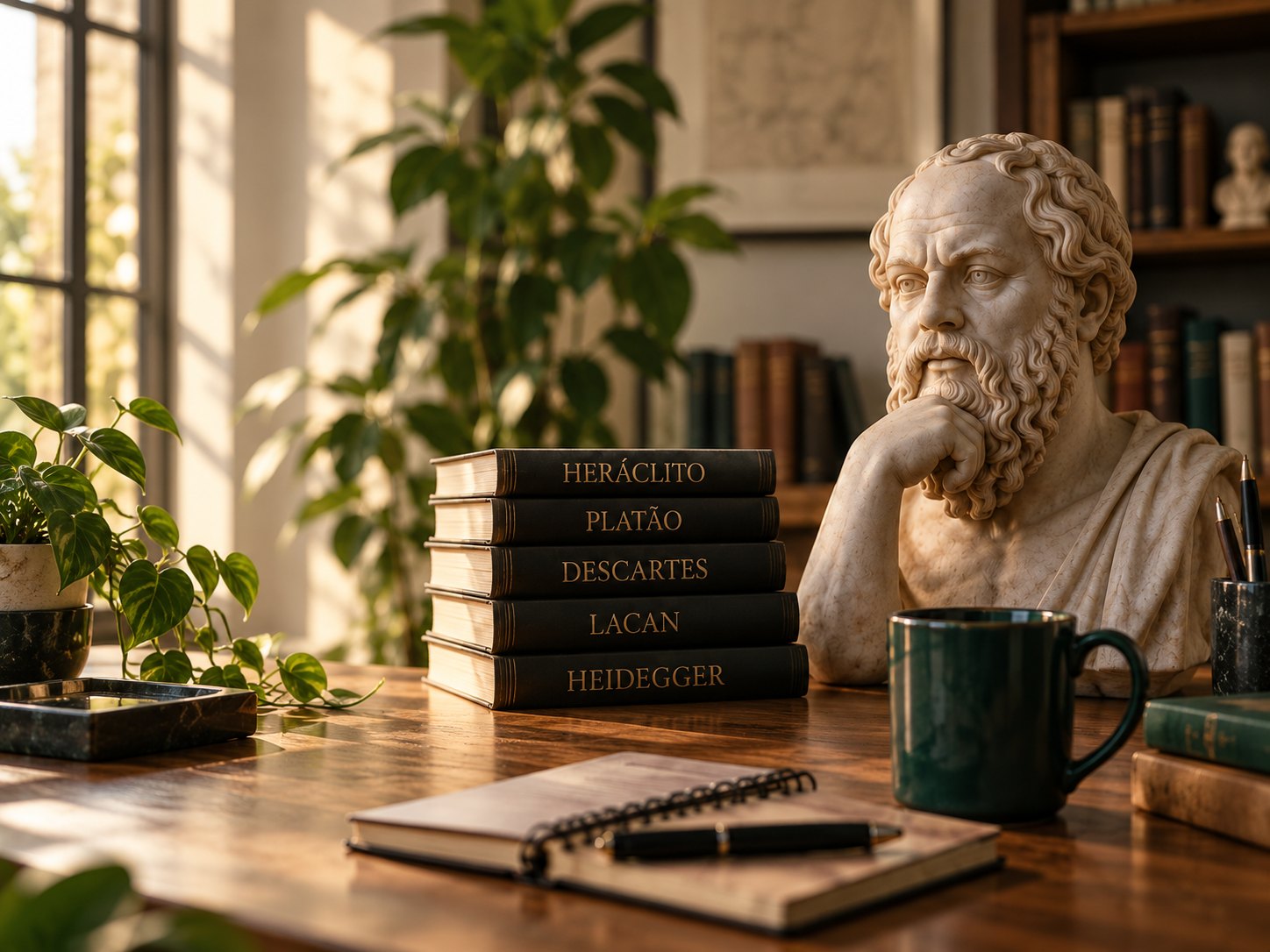 Busto de Sócrates em pose reflexiva sobre uma mesa de estudo, ao lado de livros de Heráclito, Platão, Descartes, Lacan e Heidegger, com luz natural e plantas